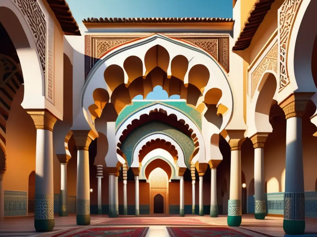Una ilustración moderna y vibrante de la espléndida Gran Mezquita de Córdoba, con patrones geométricos e arcos iluminados por la cálida luz solar