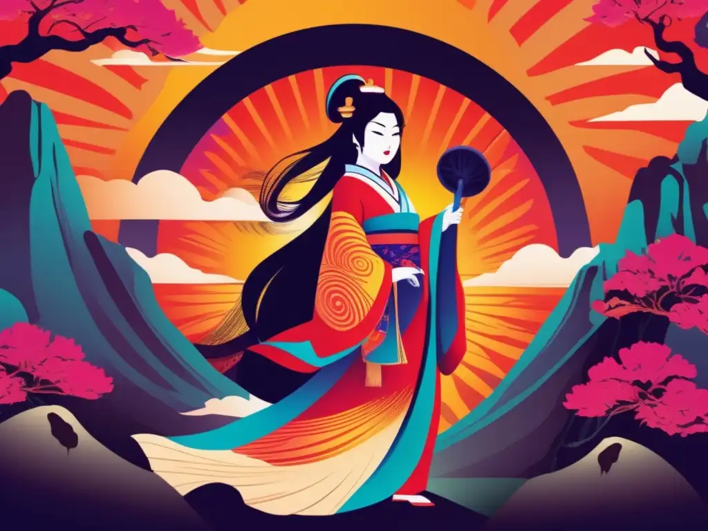 Una ilustración moderna y vibrante de los Orígenes de Japón mitos y realidades, con la diosa del sol Amaterasu emergiendo de una cueva, evocando misterio y maravilla