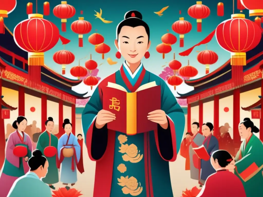 Una ilustración moderna y vibrante de Ban Zhao rodeada de decoraciones tradicionales de festividades chinas