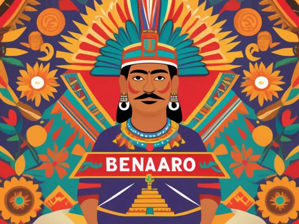 Una ilustración moderna y vibrante de Fray Bernardino de Sahagún rodeado de símbolos y festividades aztecas, fusionando tradiciones en un estilo artístico contemporáneo