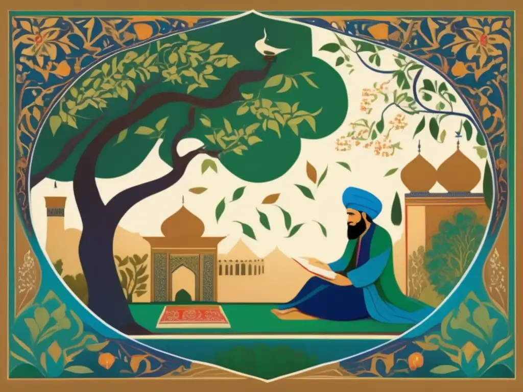 Una ilustración moderna y vibrante de Saadi Shirazi componiendo versos bajo un árbol floreciente, rodeado de arquitectura persa y exuberantes jardines
