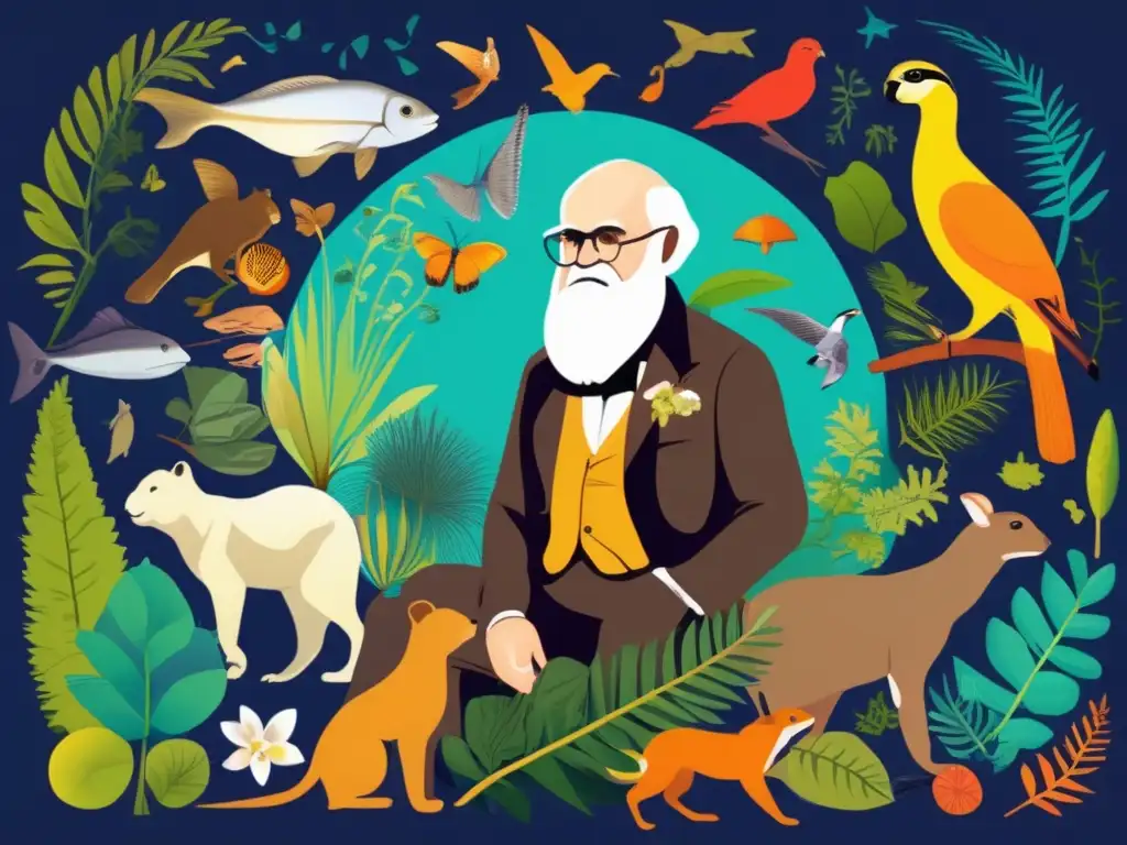 Una ilustración moderna y viva de Charles Darwin rodeado de diversas especies animales y plantas, representando la Teoría de la evolución de Darwin en un ambiente de descubrimiento científico y maravilla