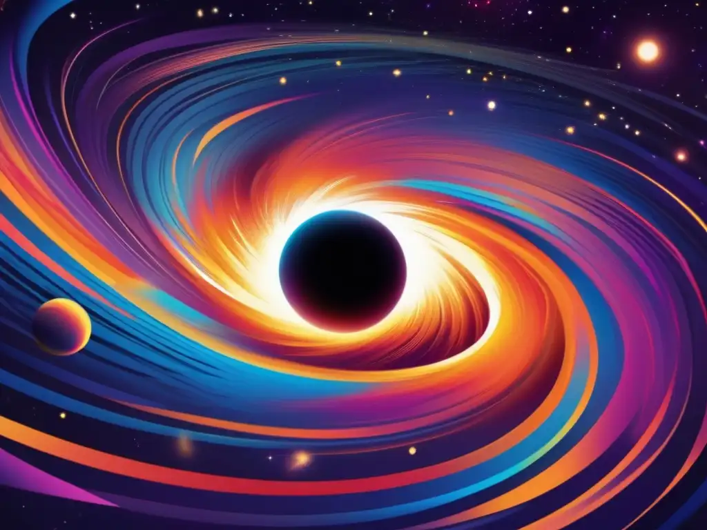 Una ilustración moderna y vívida de un agujero negro rodeado de escombros cósmicos, emitiendo energía colorida y vibrante