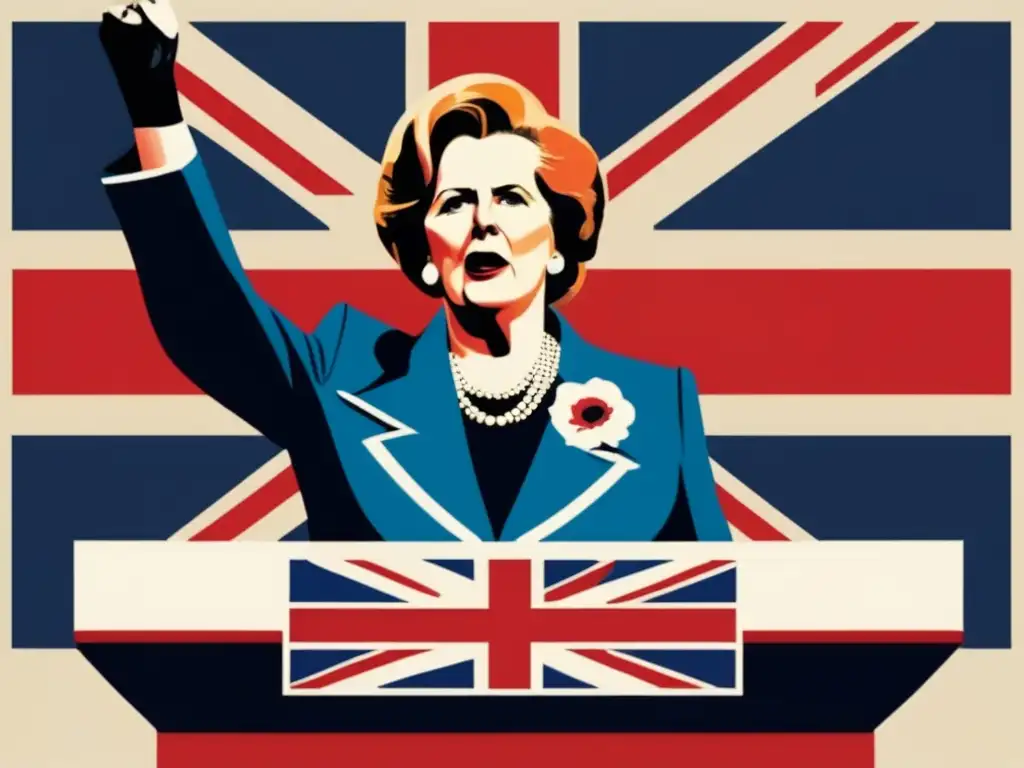 Una ilustración poderosa y moderna de Margaret Thatcher pronunciando un discurso frente a la bandera británica, irradiando confianza y liderazgo