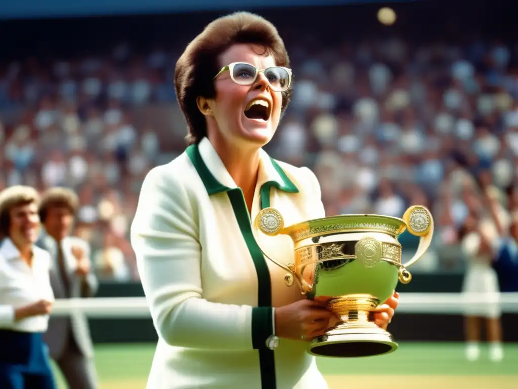 Una imagen en 8k de Billie Jean King en Wimbledon 1973, mostrando su triunfo histórico y la atmósfera jubilante