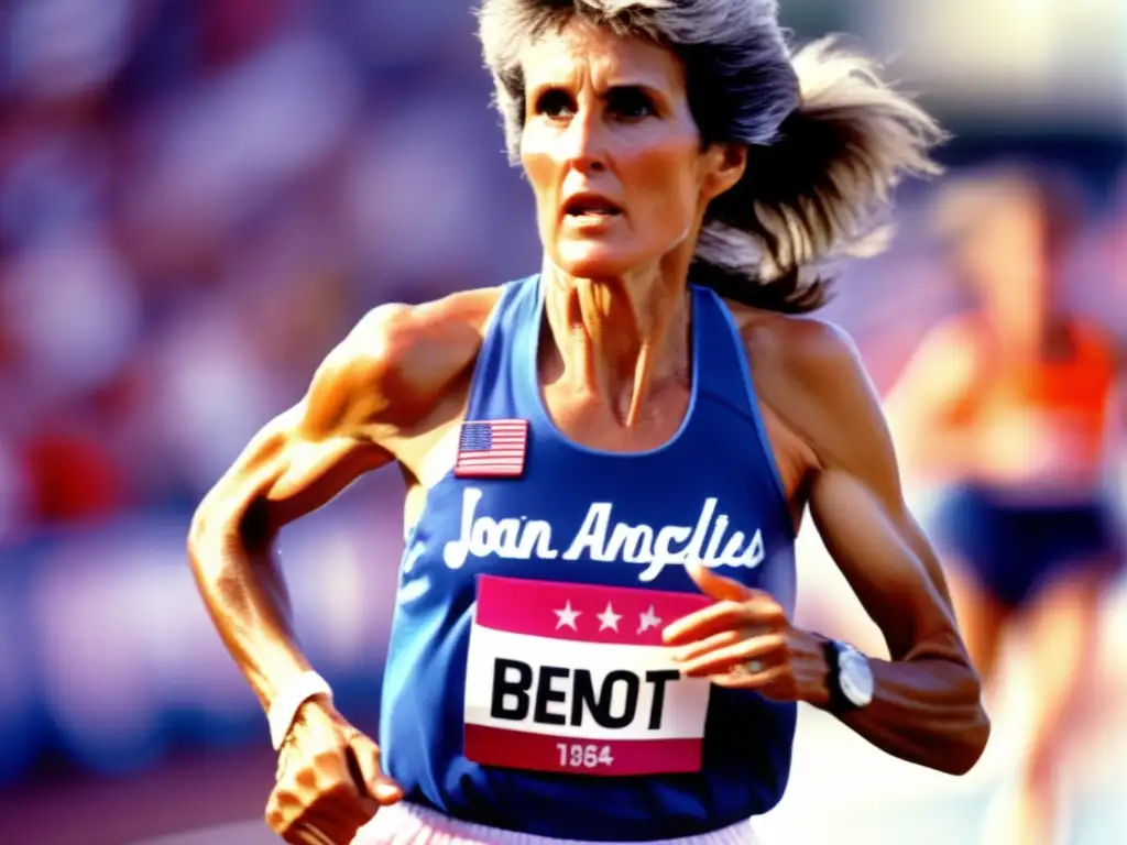 En la imagen, Joan Benoit corre con determinación en la maratón olímpica de Los Ángeles 1984, mostrando fuerza y esperanza