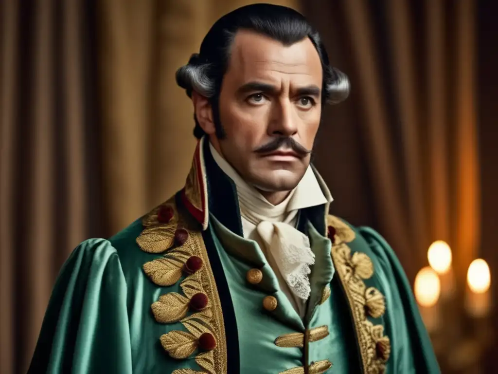 La imagen muestra a un actor en el papel de un personaje histórico en una miniserie biográfica, con una actuación intensa y detalles históricos