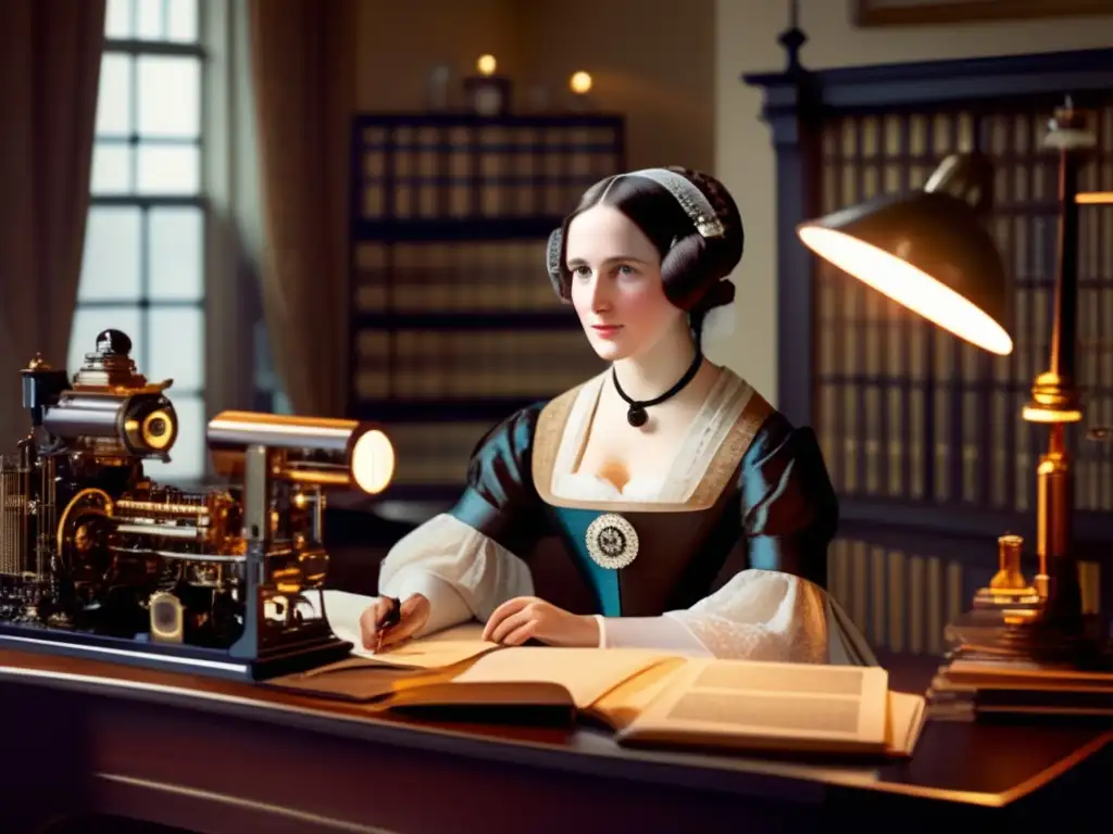En la imagen, Ada Lovelace está concentrada en su trabajo rodeada de papeles y dispositivos mecánicos, con una expresión determinada