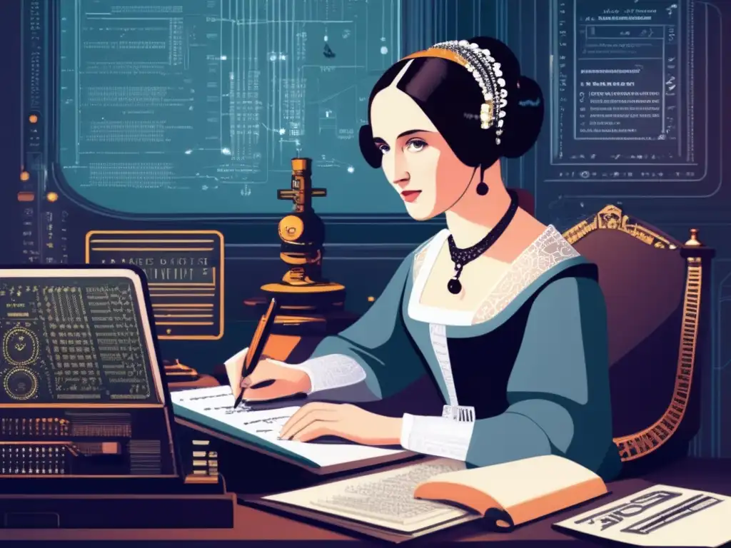 En la imagen, Ada Lovelace está inmersa en complejas ecuaciones, rodeada de componentes futuristas y código, fusionando historia y computación