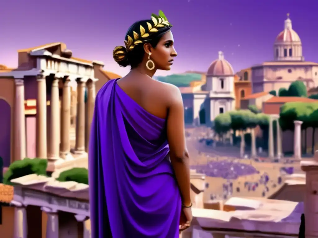 La imagen muestra a Agripina la Menor en el Foro Romano, con una toga púrpura y corona de laurel
