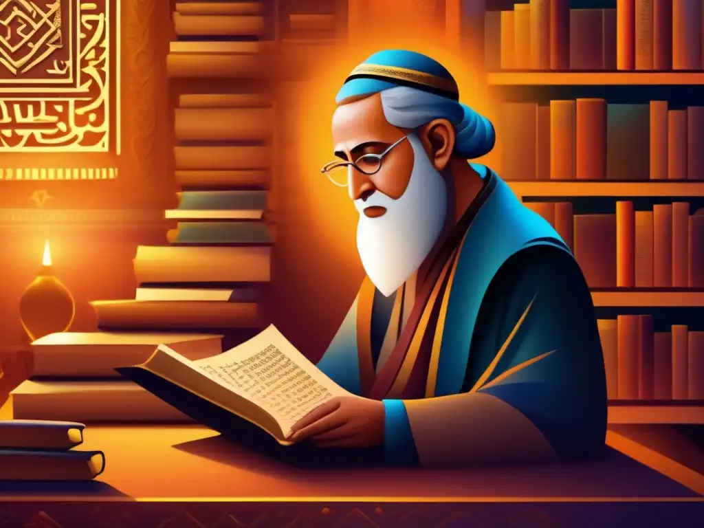 Rabí Akiva inmerso en el estudio: arte digital de alta resolución En la imagen se ve a Rabí Akiva inmerso en el estudio, rodeado de antiguos textos iluminado por una cálida luz