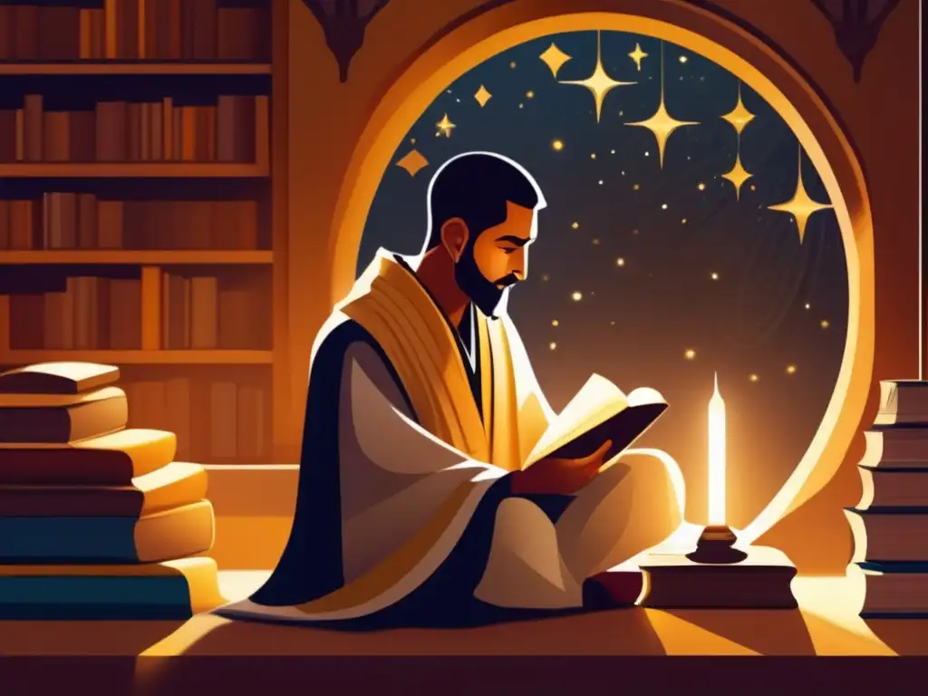En la imagen, AlGhazali reflexiona rodeado de libros, mientras la luz ilumina su rostro