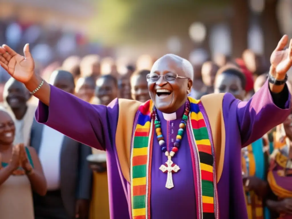 Una imagen de alta resolución del Arzobispo Desmond Tutu, con los brazos abiertos y una sonrisa radiante