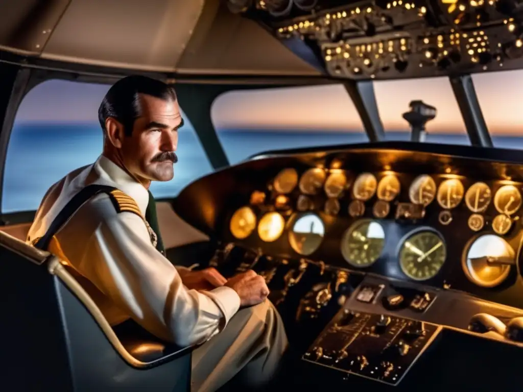 Una imagen de alta definición de Howard Hughes en la cabina de su icónico avión 'Spruce Goose', mostrando detalles intrincados del panel de control y la intensa expresión de Hughes