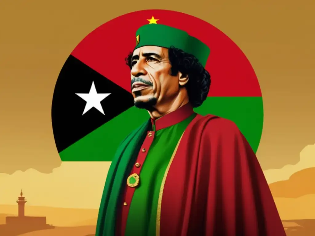 Una imagen de alta resolución y estilo moderno de Muammar Gaddafi frente a la bandera de Libia, con atuendo tradicional y mirada confiada
