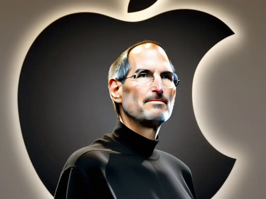 Una imagen de alta resolución y estilo moderno de Steve Jobs frente al icónico logo de Apple