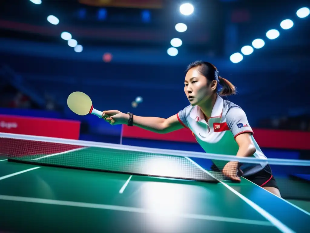 Una imagen de alta resolución y estilo moderno de Deng Yaping ejecutando un potente golpe de revés en la mesa de ping pong