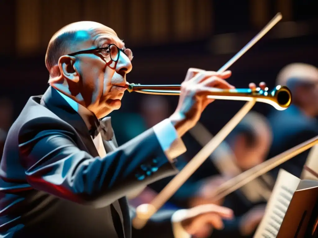 Una imagen de alta definición de Igor Stravinsky dirigiendo una orquesta, capturando su pasión y precisión