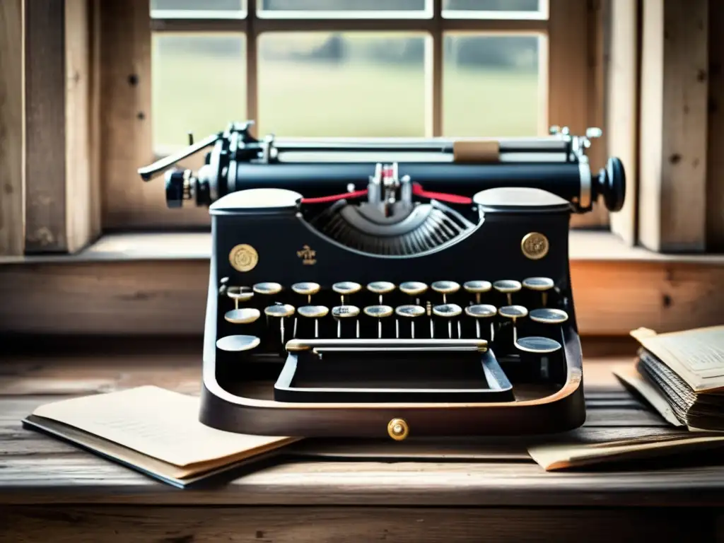 Una imagen de alta resolución con una máquina de escribir vintage sobre un escritorio de madera desgastado, iluminado por luz natural