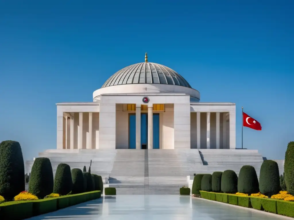 Una imagen de alta resolución del Mausoleo de Atatürk en Ankara, Turquía, destaca su imponente estructura modernista contra un cielo azul
