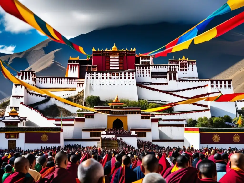 Esplendor del Palacio Potala: Dalai Lama y devotos en Tibet Una imagen de alta resolución del Palacio de Potala en Lhasa, Tíbet, con detalles arquitectónicos intrincados y colores vibrantes