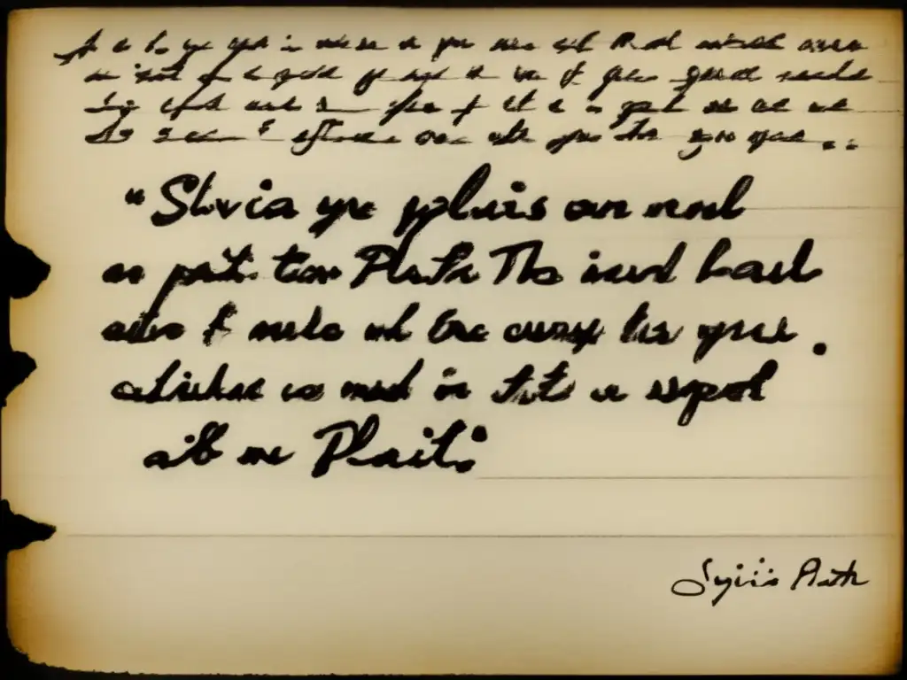 Una imagen de alta resolución con la poesía manuscrita de Sylvia Plath, evocando una atmósfera confesional y reflexiva