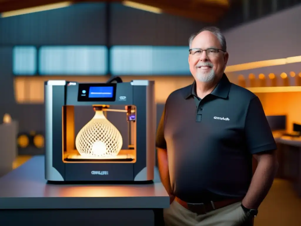 Una imagen en alta resolución muestra a Chuck Hull frente a una innovadora impresora 3D, rodeado de objetos impresos en 3D
