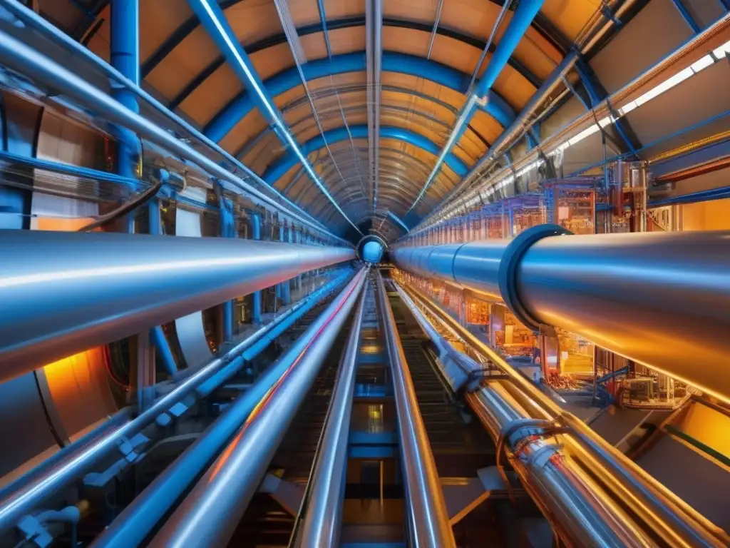 Una imagen de alta resolución del Gran Colisionador de Hadrones (LHC) en CERN, con su intrincada red de tubos aceleradores de partículas y detectores, capturando la tecnología futurista y moderna involucrada en la investigación de física de partículas