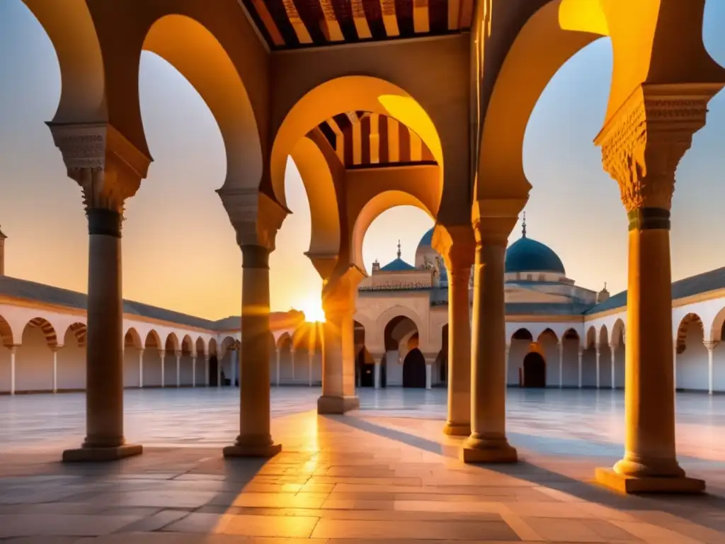 Una imagen en alta resolución de la impresionante Mezquita de Córdoba al atardecer, destacando sus arcos, columnas y juego de luces y sombras