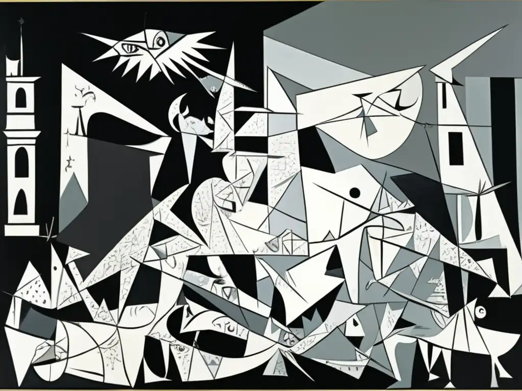 Una imagen en alta resolución en 8K de la pintura 'Guernica' de Pablo Picasso, capturando los detalles intrincados de esta obra maestra monocromática