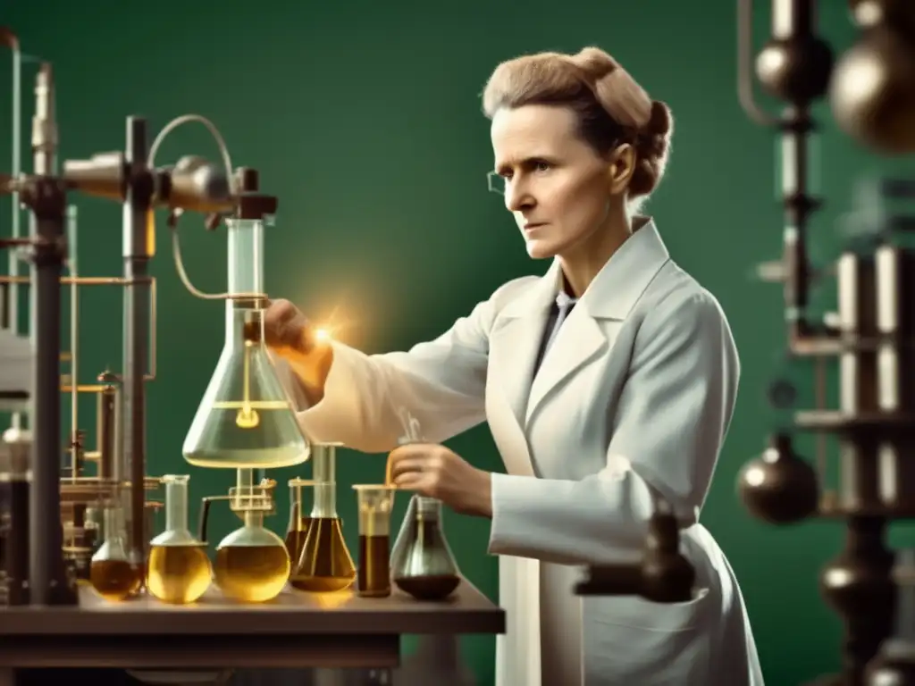 Una imagen de alta resolución y ultra detallada de Marie Curie en su laboratorio, rodeada de equipo científico y realizando un experimento