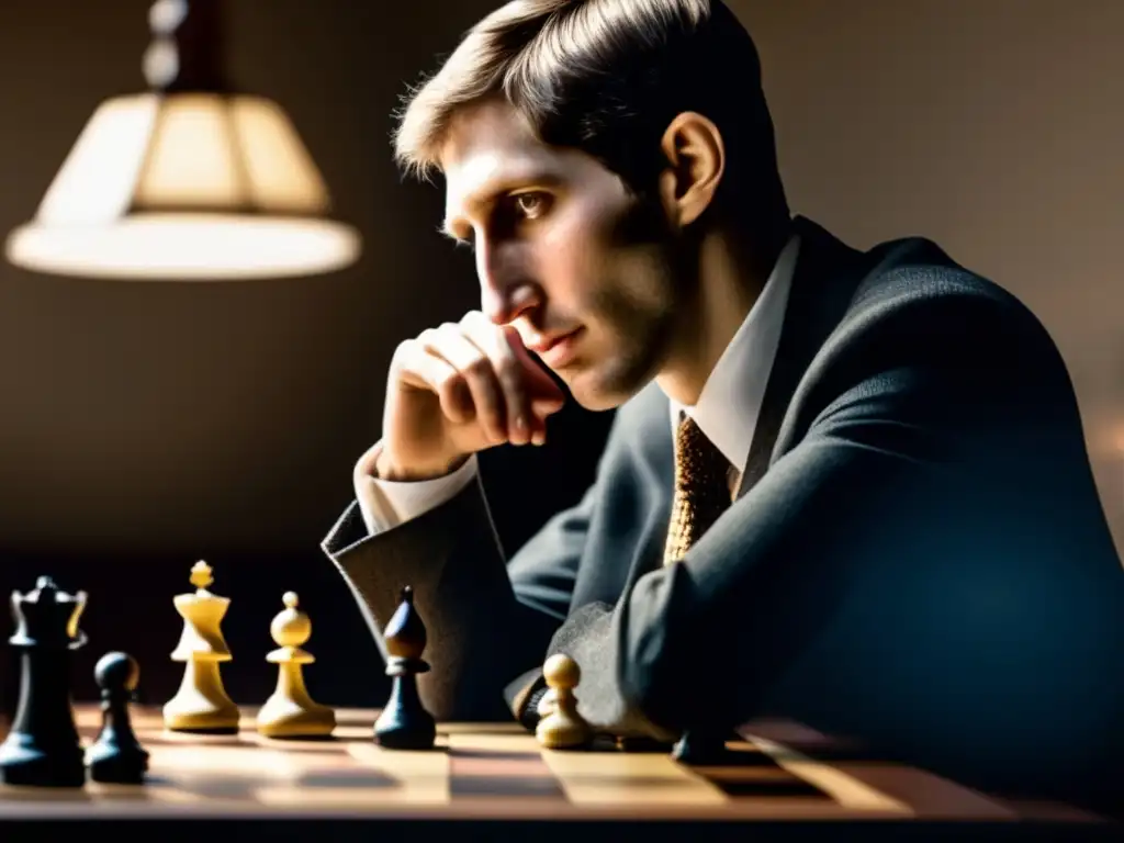 Una imagen de alta resolución y ultra detallada de Bobby Fischer en plena concentración en un tablero de ajedrez