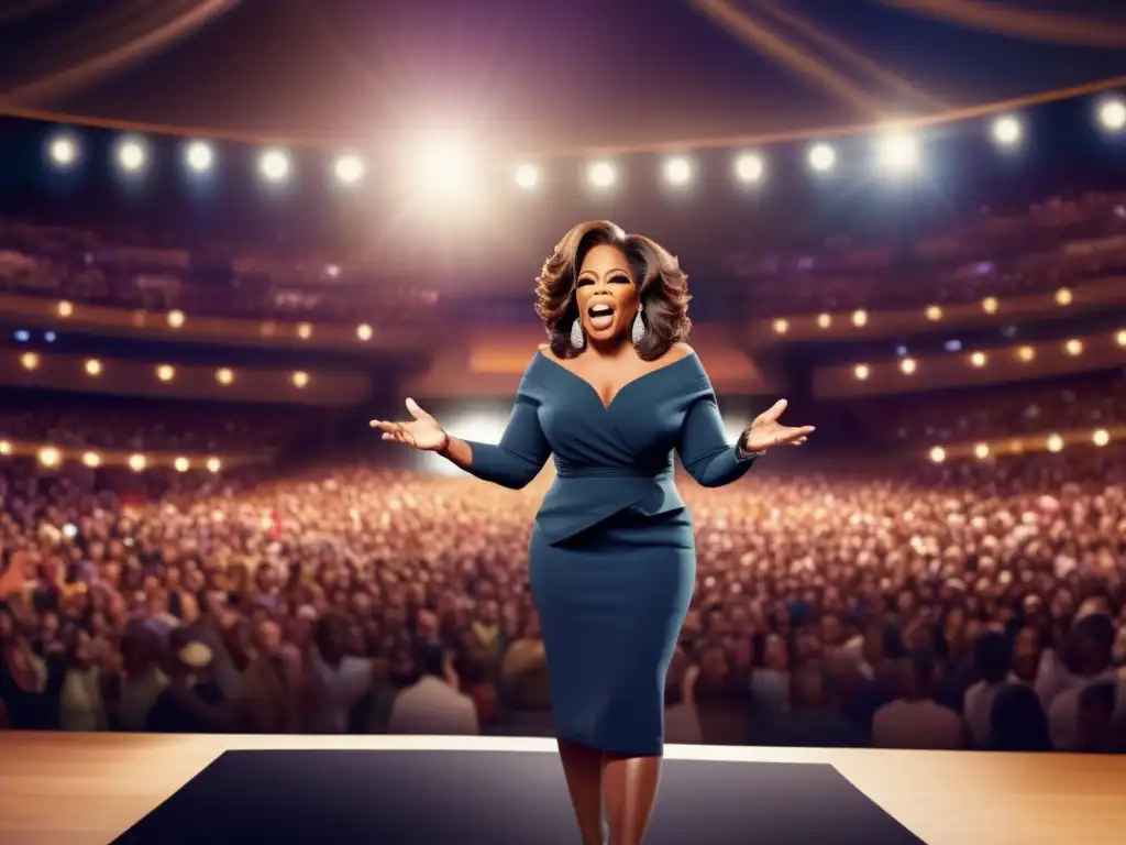 Una imagen de alta resolución y ultra detallada de Oprah Winfrey dando un inspirador discurso frente a un gran público