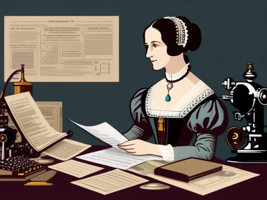 Una imagen de alta resolución y ultradetallada de Ada Lovelace, la primera programadora histórica, en un vestido de la era victoriana, sentada en un escritorio rodeada de maquinaria computacional