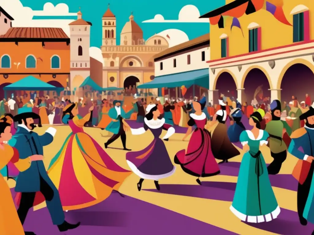 En la imagen, se representa un animado festival del Renacimiento italiano con detalles vibrantes y coloridos