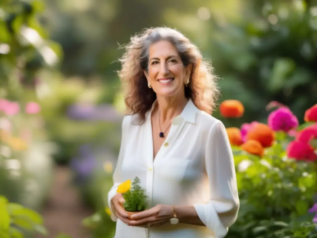 Una imagen de Anita Roddick, fundadora de The Body Shop, en un exuberante jardín ético