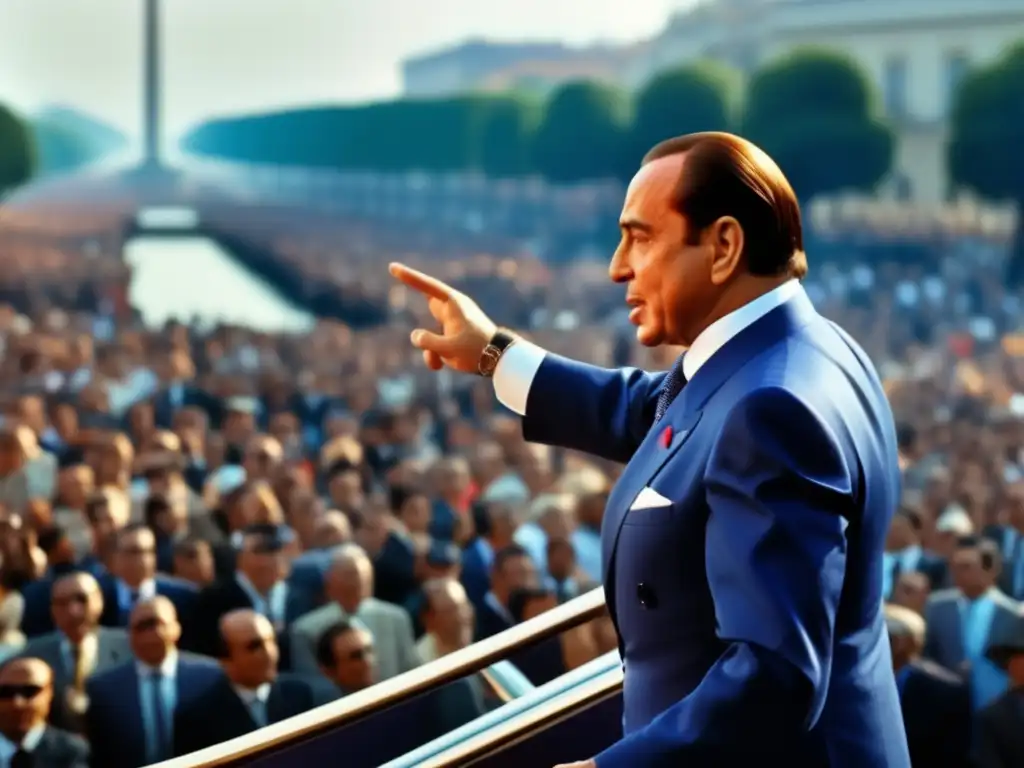 En la imagen, Silvio Berlusconi en sus años como empresario, dirige con confianza a una multitud en un mitin político