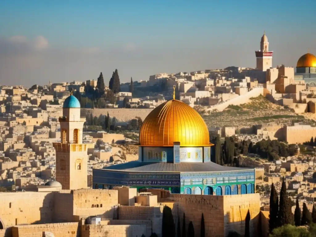 Una imagen de alta resolución de la antigua ciudad de Jerusalén, con la cúpula de la Roca brillando bajo la luz dorada
