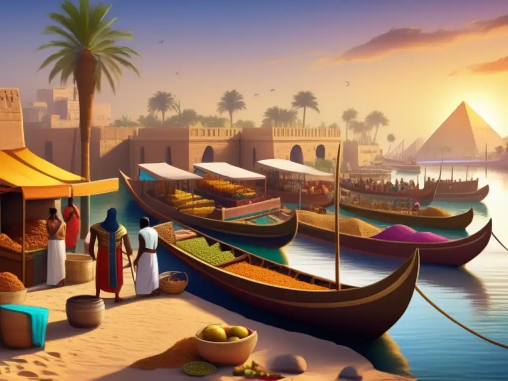 En la imagen se representa la antigua ciudad egipcia de Punt, con bulliciosos muelles, mercancías exóticas y un paisaje exuberante