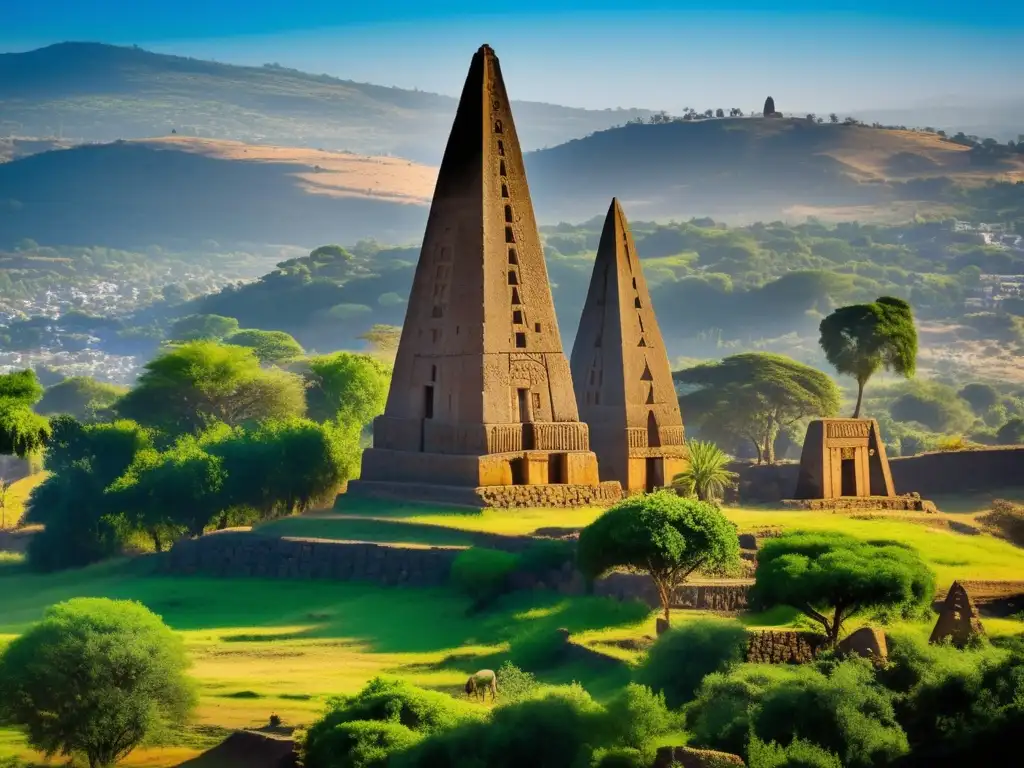 Una imagen de alta resolución de la antigua ciudad de Axum en Etiopía, con obeliscos, ruinas históricas, exuberante vegetación y cielos azules