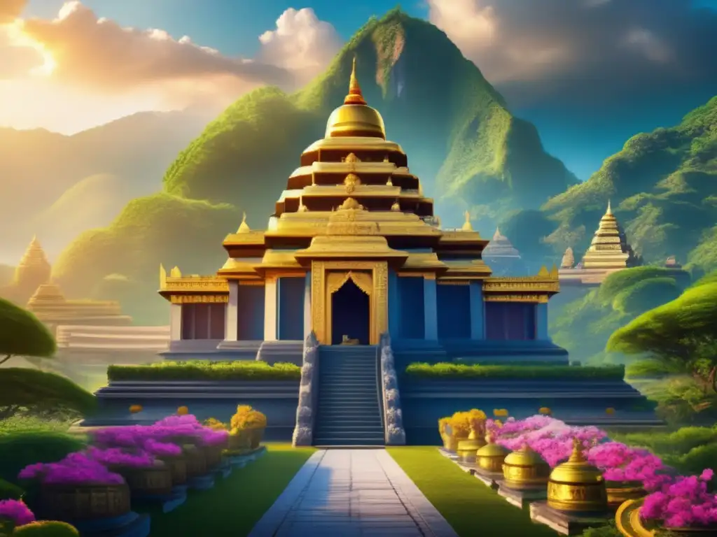 La imagen muestra un antiguo templo bañado por la luz dorada del sol, rodeado de exuberantes montañas verdes