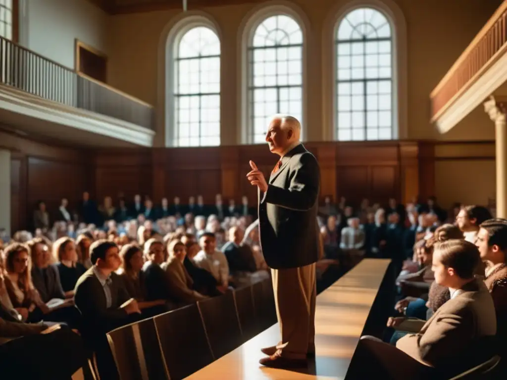 En la imagen, Ludwig von Mises imparte una apasionada conferencia en una majestuosa sala de conferencias