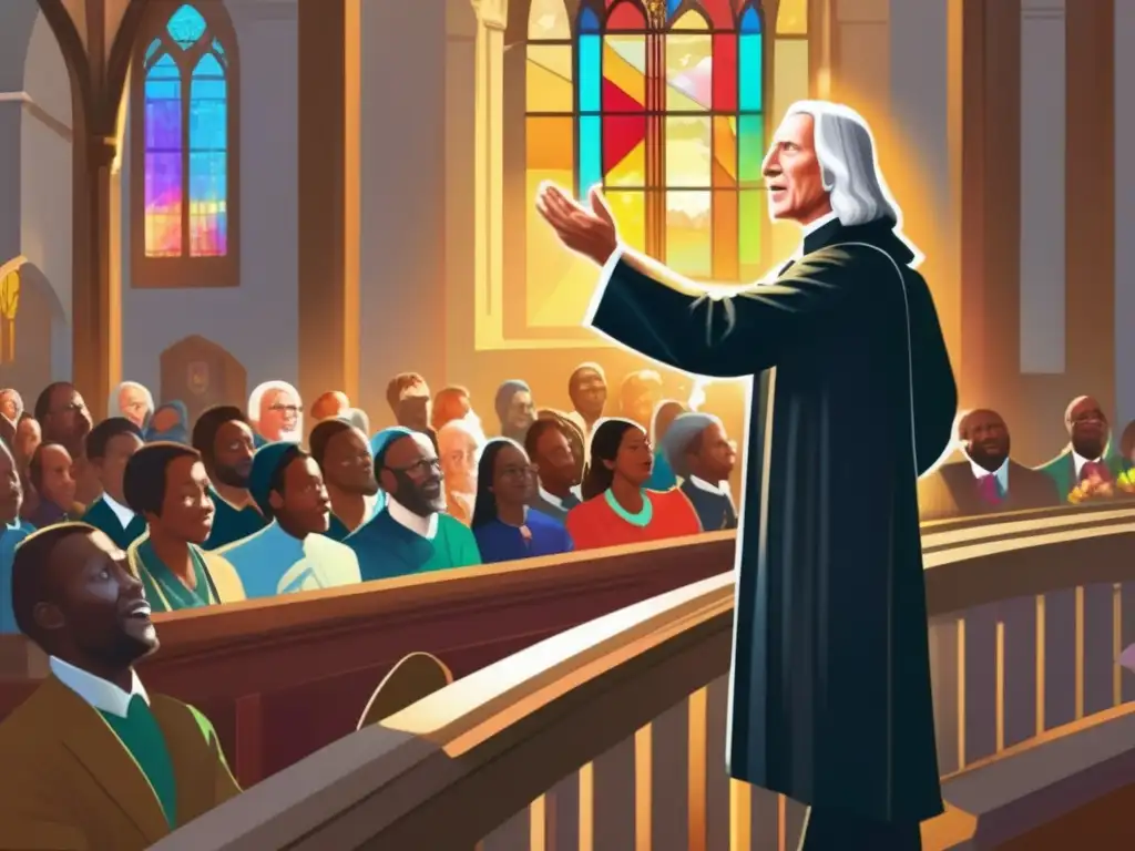 En la imagen, John Wesley entrega una apasionada predicación a una congregación diversa en una iglesia ornamentada