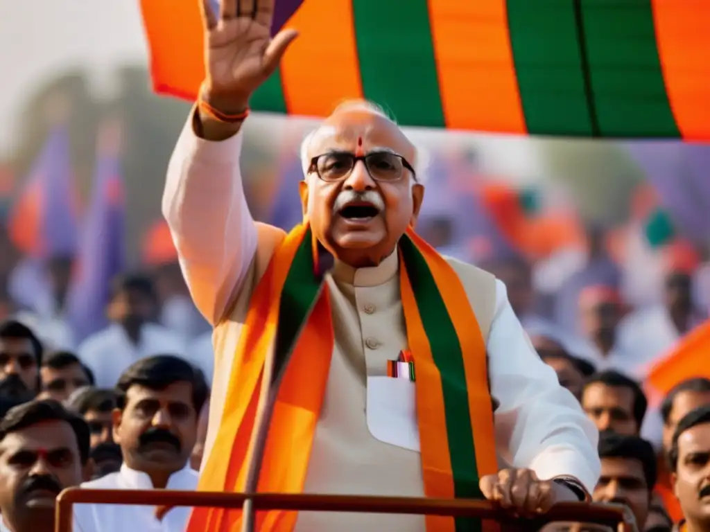 En la imagen, Lal Krishna Advani lidera un apasionado discurso en un mitin político, rodeado de seguidores entusiastas y diversidad de banderas