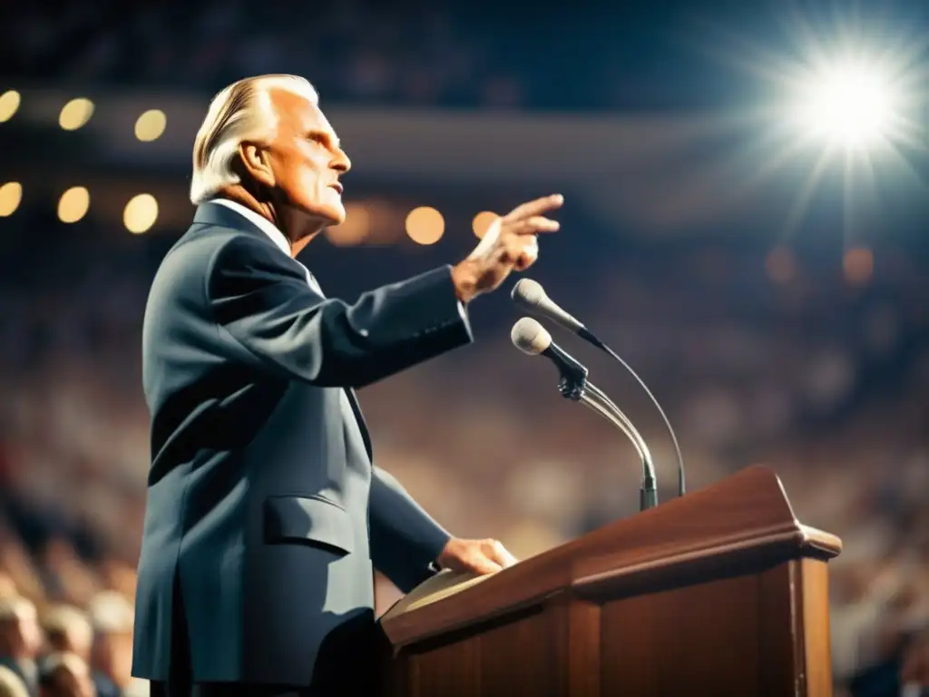 En la imagen, Billy Graham evangelista ofrece un apasionado sermón a una multitud en un estadio lleno