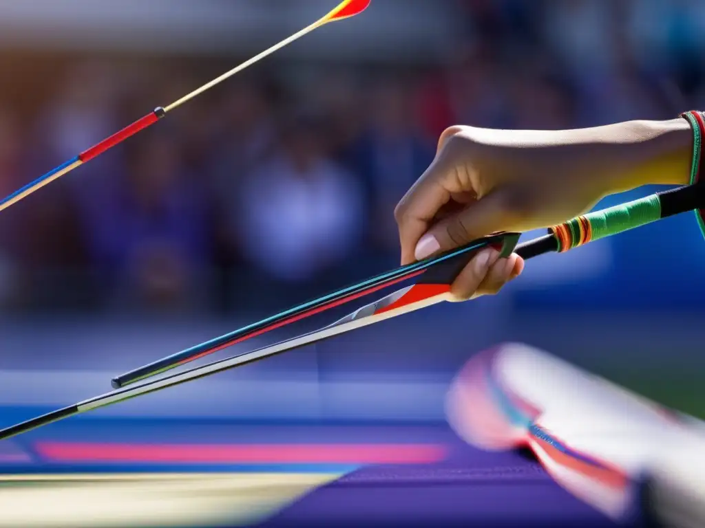 La imagen muestra a Kim SooNyung tensando su arco, concentrada en la competencia de tiro con arco
