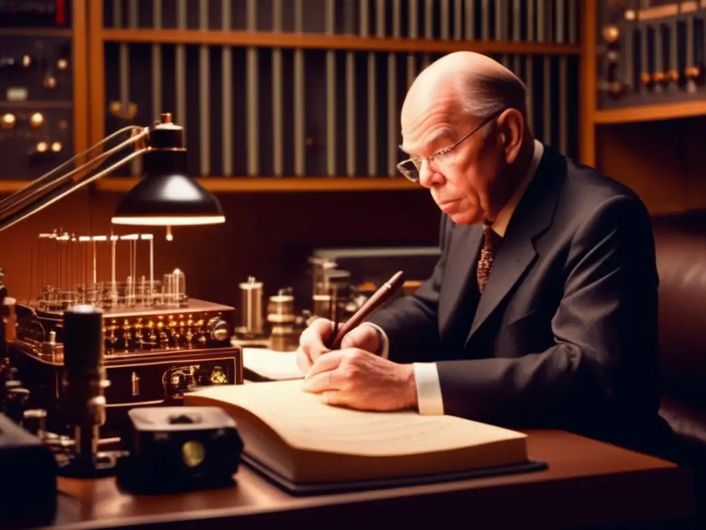 En la imagen, Edwin Armstrong trabaja en su invento rodeado de equipo de radio detallado, tomando notas meticulosas en un cuaderno de piel