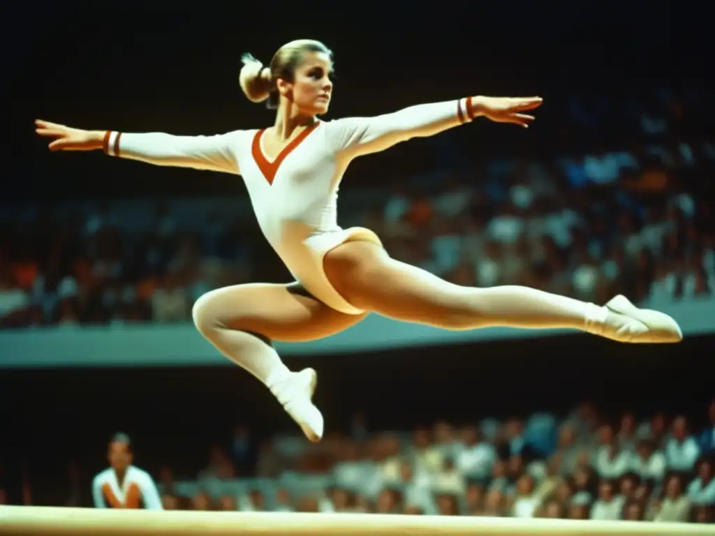 La imagen muestra a Olga Korbut realizando una asombrosa rutina en la viga de equilibrio en las Olimpiadas de 1972 en Munich