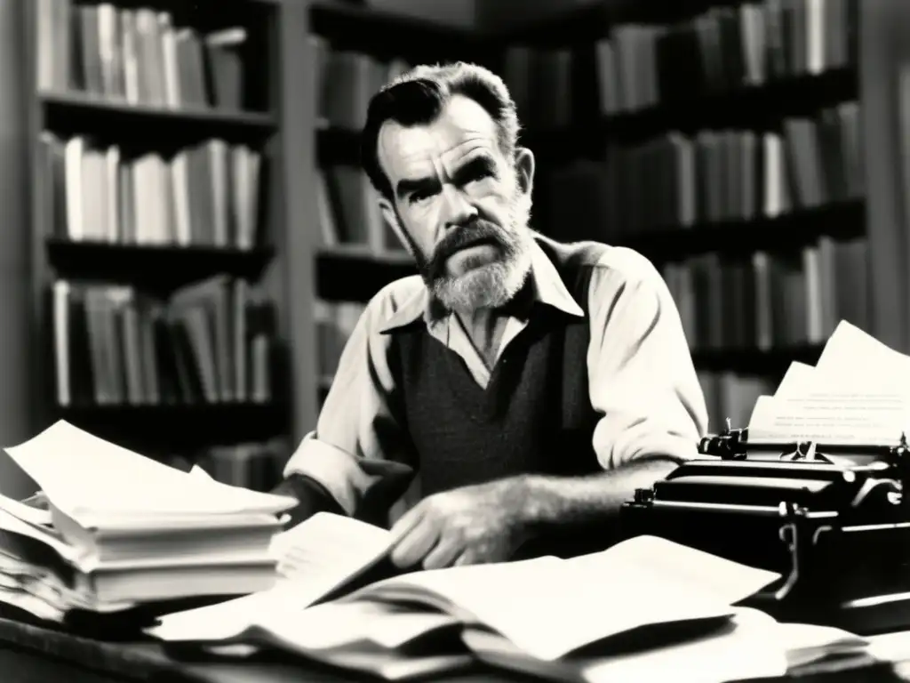 La imagen muestra a Athol Fugard concentrado en su escritura, rodeado de papel y libros