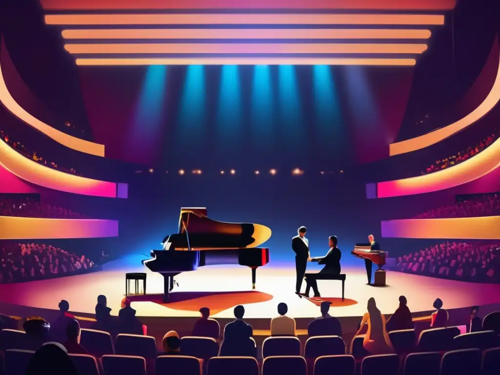 La imagen muestra un auditorio vanguardista con un piano de cola en el centro del escenario